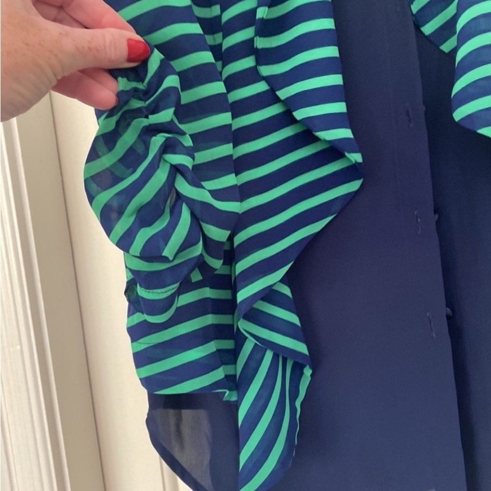 Cruise Cardigan Blousy Style Medium True Green Navy Blue Stripe Travelin Light - Picture 2 of 7